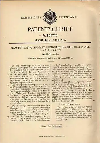 Original Patentschrift - Humboldt Maschinenbau in Kalk b. Cöln , 1906 , Druckluftmaschine !!!