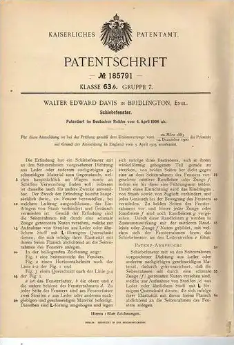 Original Patentschrift - W. Davis in Bridlington , 1906 , Fenster , Schiebefenster !!!