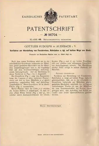 Original Patentschrift - G. Rudolph in Auerbach i.V., 1897 , Fenstereisen und Rohrhaken !!!