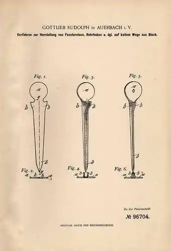 Original Patentschrift - G. Rudolph in Auerbach i.V., 1897 , Fenstereisen und Rohrhaken !!!