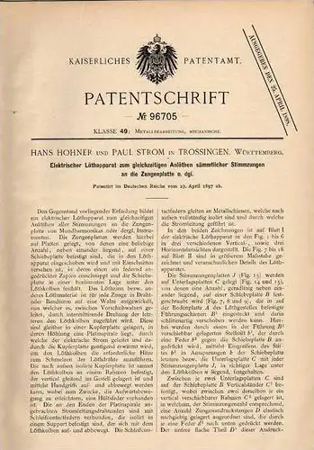 Original Patentschrift - H. Hohner in Trossingen , 1897 , Löthapparat für Musikinstrumente , Stimmzungen  !!!