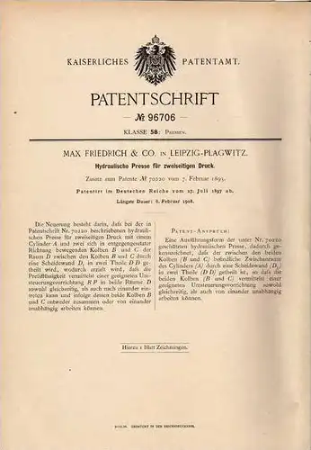 Original Patentschrift - M. Friedrich in Leipzig - Plagwitz , 1897 , Presse mit zweiseitigem Druck !!!