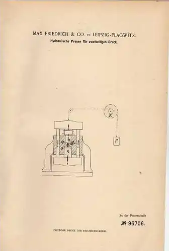 Original Patentschrift - M. Friedrich in Leipzig - Plagwitz , 1897 , Presse mit zweiseitigem Druck !!!