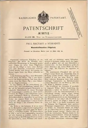 Original Patentschrift - P. Magyary in Nyaradtö , 1897 , Wasserkraftmaschine , Flügelrad !!!