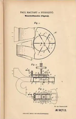 Original Patentschrift - P. Magyary in Nyaradtö , 1897 , Wasserkraftmaschine , Flügelrad !!!