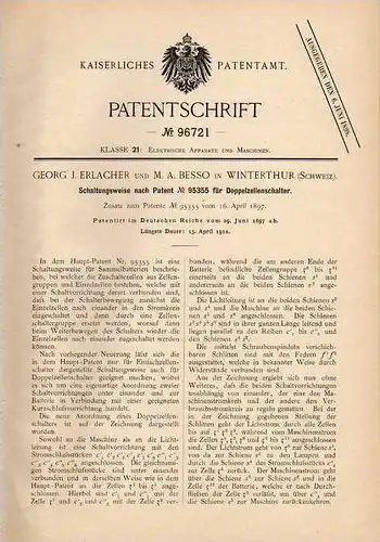Original Patentschrift - G. Erlacher in Winterthur , Schweiz , 1897 , Doppelzellenschalter  !!!
