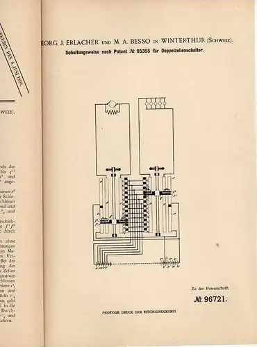 Original Patentschrift - G. Erlacher in Winterthur , Schweiz , 1897 , Doppelzellenschalter  !!!