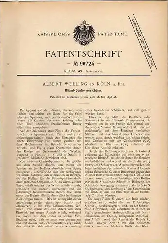 Original Patentschrift - A. Weling in Köln a. Rh., 1896  , Billiard Controllvorrichtung !!!