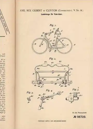 Original Patentschrift - J. Gilbert in Clinton , 1897 , Lenkstange für Fahrrad !!!