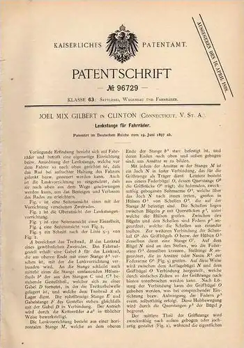 Original Patentschrift - J. Gilbert in Clinton , 1897 , Lenkstange für Fahrrad !!!