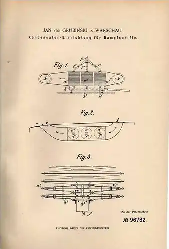 Original Patentschrift - J. von Grubinski in Warschau , 1896 , Kondensator für Dampfschiffe , Schiff , Dampfschiff !!!
