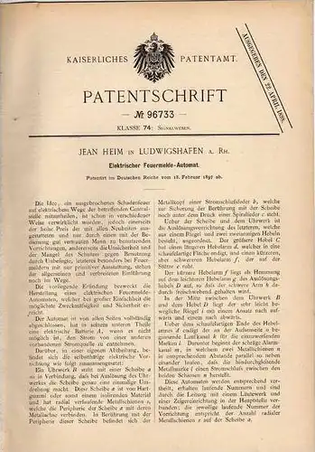 Original Patentschrift - J. Heim in Ludwigshafen a. Rh. , 1897 , elektr. Feuermelder - Automat , Feuer , Feuerwehr !!!