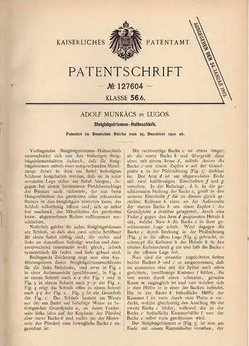 Original Patentschrift - A. Munkács in Lugos , 1900 , Steigbügel , Pferd , Pferde , Sattel !!!