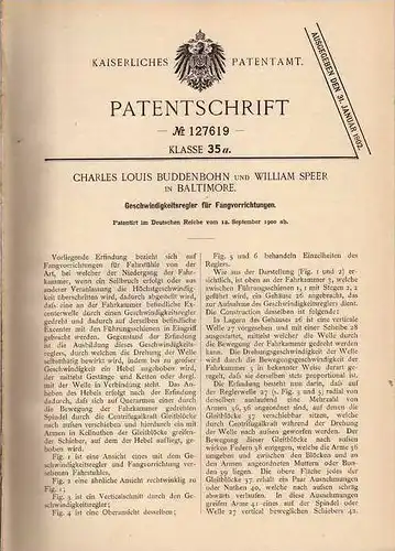 Original Patentschrift - W. Speer in Baltimore , 1900 , Regler für Fahrstuhl , Lift , Aufzug  !!!