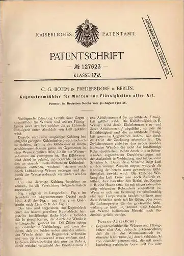 Original Patentschrift - C. Bohm in Fredersdorf b. Berlin , 1900 , Kühler für Würze und Flüssigkeit !!!