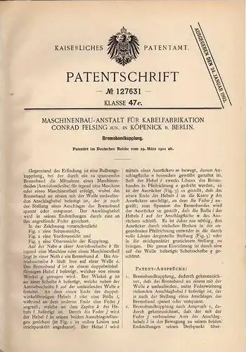 Original Patentschrift - C. Felsing in Köpenick b. Berlin , 1901 , Bremsbandkupplung für Maschinen !!!