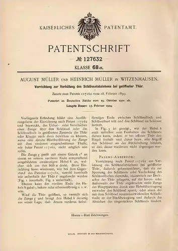 Original Patentschrift - A. Müller in Witzenhausen , 1900 , Sicherung für Türschloß , Schloß , Schlüsseldienst !!!