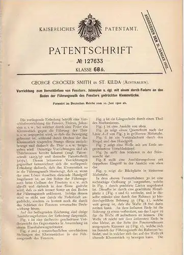 Original Patentschrift - G. Smith in St. Kilda , Australien , 1900 , Schließer für Fenster , Jalousie , Rolladen !!!