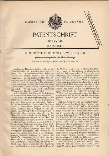 Original Patentschrift - G. Breitner in Münster a.N., 1900 , Zahnradwechselgetriebe für Motorfahrzeuge , Getriebe !!!