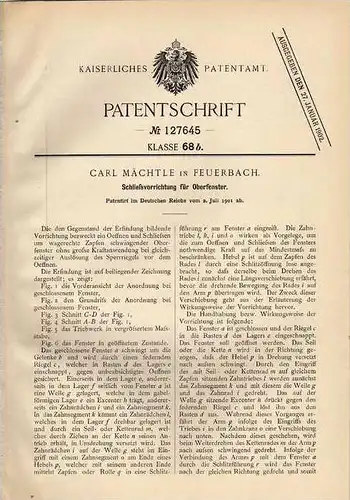 Original Patentschrift - C. Mächtle in Feuerbach , 1901 , Oberfenster - Schließvorrichtung , Fenster , Fensterbau !!!