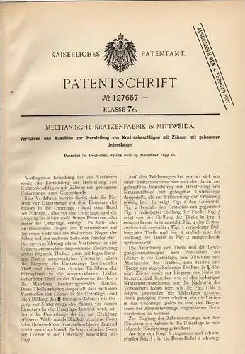 Original Patentschrift - Kratzenfabrik in Mittweida , 1899 , Maschine für Kratzenbeschläge  !!!