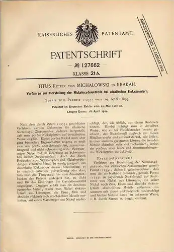 Original Patentschrift - Ritter v. Michalowski in Krakau , 1900 , Herstellung der Nickeloxydelektrode , Chemie !!!