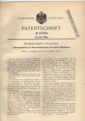 Original Patentschrift - W. Harms in Wunstorf , 1899 , Margarine - Knetmaschine , Butter !!!