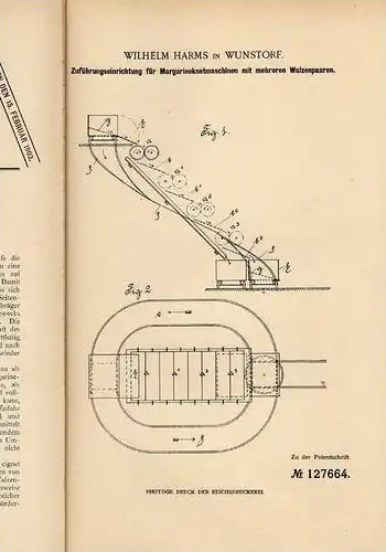 Original Patentschrift - W. Harms in Wunstorf , 1899 , Margarine - Knetmaschine , Butter !!!