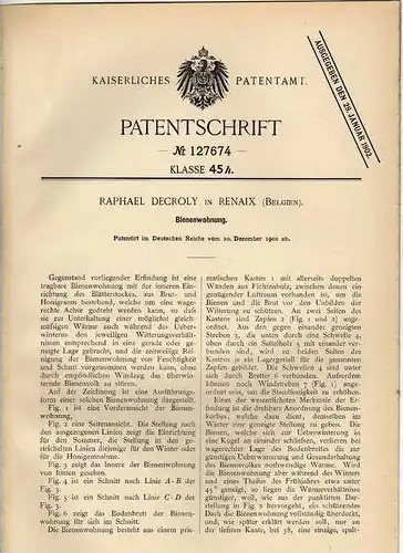 Original Patentschrift - R. Decroly in Renaix , Belgien  , 1900 , Bienenwohnung , Imkerei , Bienen , Imker !!!