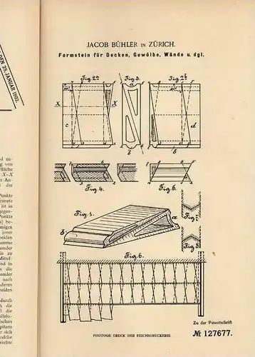 Original Patentschrift - J. Bühler in Zürich , 1900 , Formstein für Gewölbe und Decken , Bau , Maurer !!!