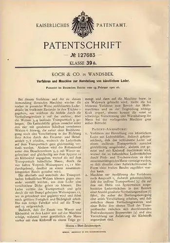 Original Patentschrift - Koch & Co in Wandsbek , 1901 , Kunstleder Maschine , Leder !!!