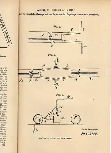 Original Patentschrift - W. Ulrich in Guben , 1901 , Kupplung für Eisenbahn !!!