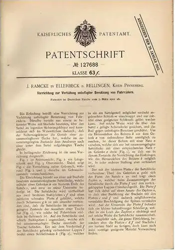 Original Patentschrift - J. Ramcke in Ellerbeck b. Rellingen , Kr. Pinneberg , 1901 , Sattel mit Stacheln , Fahrrad !!!