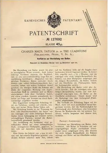 Original Patentschrift - Herstellung von Butter , 1900 , C. Taylor in The Gladstone , USA!!!