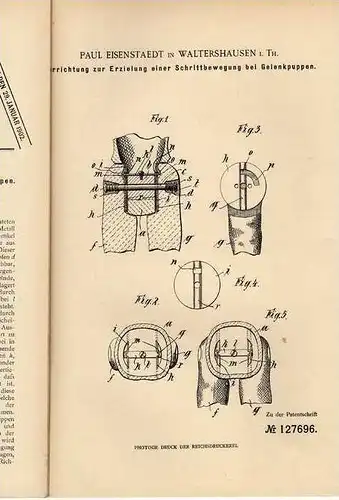 Original Patentschrift - P. Eisenstaedt in Waltershausen i. Th., 1901 , Gelenkpuppe , Puppe !!!