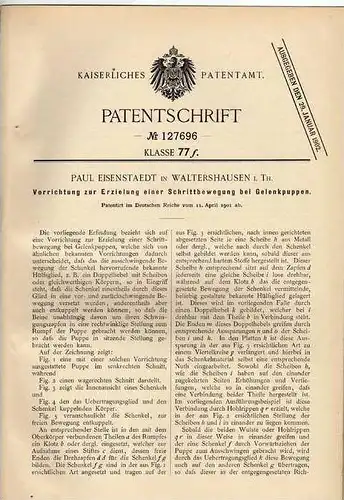 Original Patentschrift - P. Eisenstaedt in Waltershausen i. Th., 1901 , Gelenkpuppe , Puppe !!!