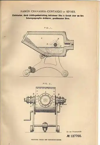 Original Patentschrift - R. Contardo in Sevres , 1901 , Ofen mit Lichtbogen !!!