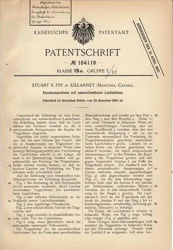 Original Patentschrift - S. Fry in Killarney , Canada , 1905 , Eisenbahn , Schiene , Lokomotive , Gleis !!!