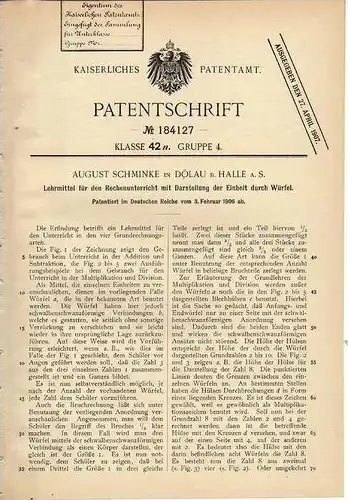 Original Patentschrift - A. Schminke in Dölau b. Halle a.S., 1906 , Würfel für Rechenunterricht , Mathematik , Rechnen !