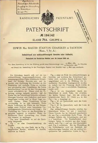 Original Patentschrift - E. Chandler in Taunton , USA , 1905 , Band für Schuhe oder Korsette , Schnürsenkel !!!