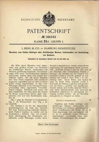 Original Patentschrift - L. Berg & Co in Hamburg - Hohenfelde , 1905 , Maschine für Bonbons , Bonbon !!!