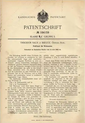 Original Patentschrift - T. Saur in Bielitz , 1906 , Prüftisch für Weberei , Weber !!!