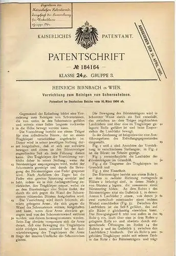 Original Patentschrift - Reinigungsapparat für Schornstein , 1906 , H. Birnbach in Wien , Schornsteinfeger , Esse !!!