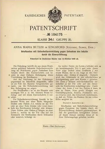 Original Patentschrift - Briefkasten mit Diebstahlschutz , 1906 ,A. Butler in Kingsford , Postkasten , Post !!!