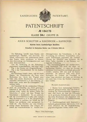 Original Patentschrift - J. Schlifter in Kirchrode b. Hannover , 1906 , Kasten für zerkleinerten Inhalt !!!