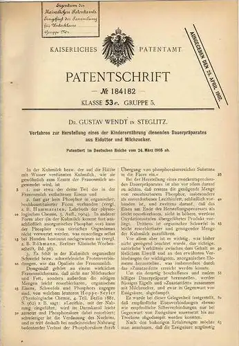 Original Patentschrift - Dr. Wendt in Steglitz , 1905 , Nahrung für Kinder aus Eidotter , Babybrei , Kindernahrung !!!