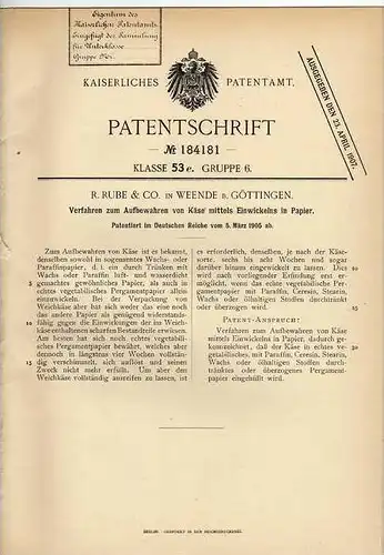 Original Patentschrift - Rube & Co in Weende b. Göttingen  , 1905 , Aufbewahrung von Käse !!!