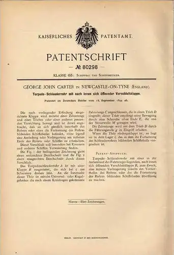 Original Patentschrift - G. Carter in New Castle on Tyne , 1894 , Torpedo - Schleuderrohr  !!!