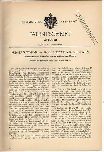 Original Patentschrift - J. Magyar in Wien , 1894 , Verkaufsmaschine für Bücher , Bücherei , Buchhandel !!!