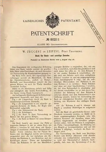 Original Patentschrift - W. Zeggert in Thonberg , Leipzig , 1894 , Bank für Operation , Massage , Sonnenbad !!!